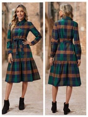 Emery Rose by SHEIN Plaid Long-Sleeve Midi Shirt Dress with Belt  Size S